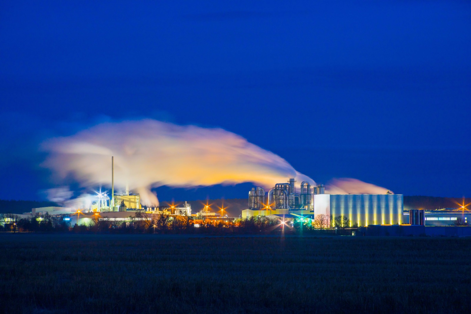 Industrial production facility at night
